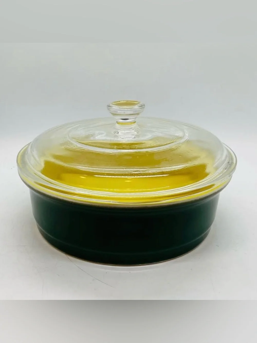 VTG HALL Stoneware Casserole Dish With Glass Lid,Dark Green Outside, Yellow insi